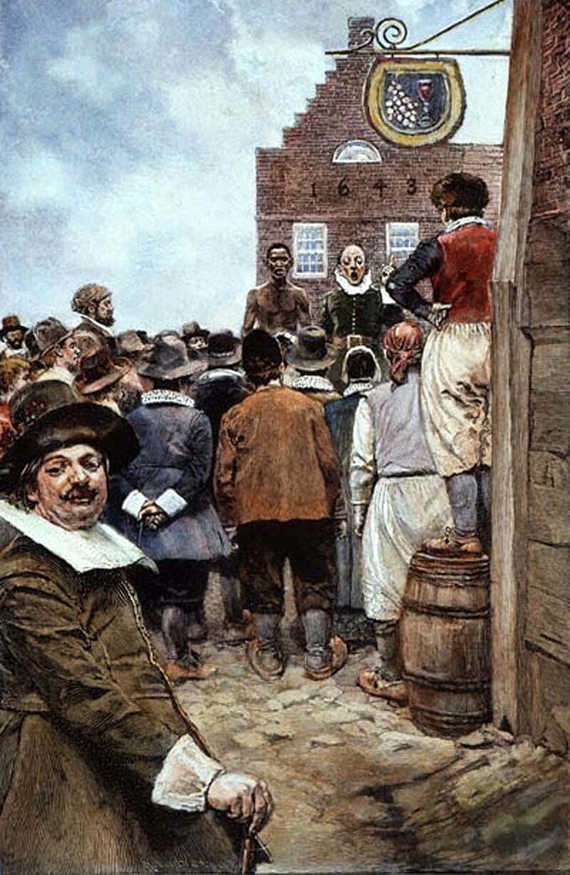 The first slave auction in New Amsterdam in 1655, painted by Howard Pyle, 1917, thegrio.com